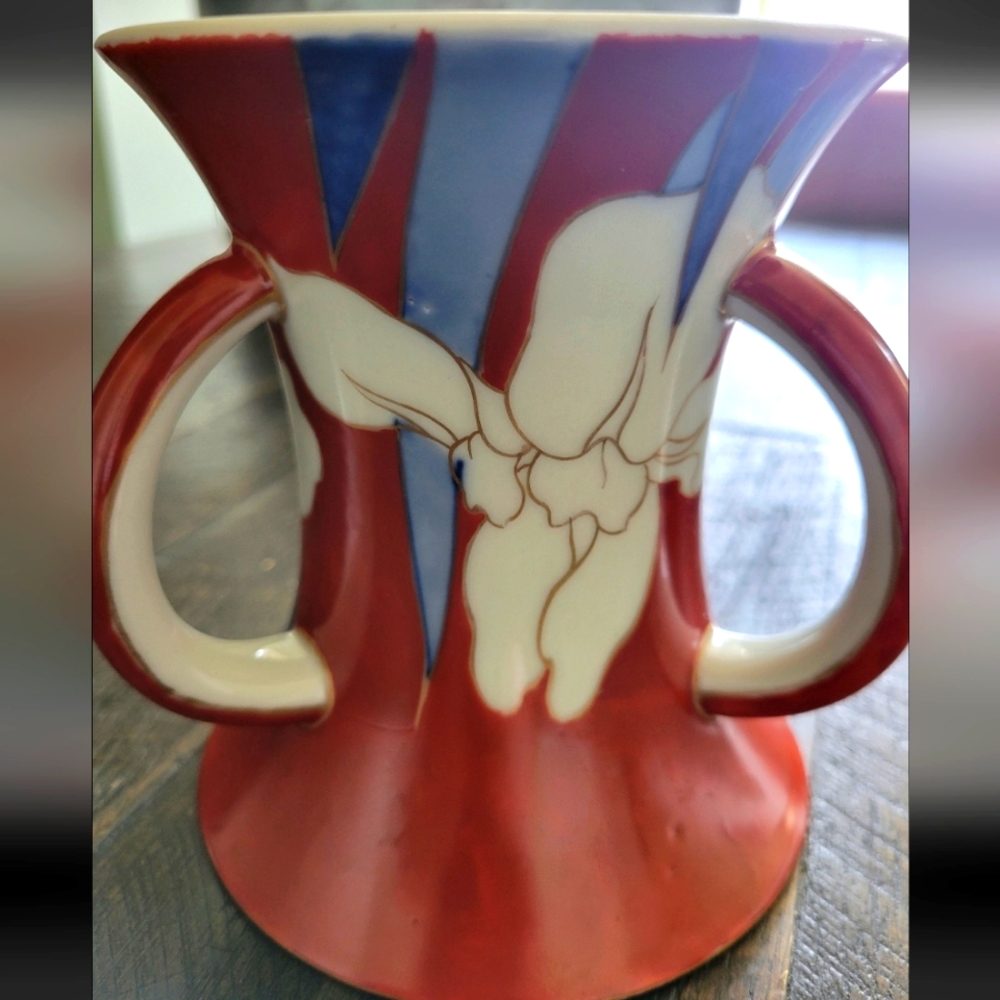 Koransha co. signed orchid mark 1930s Japanese Fukagawa Triple 3 Tri Handle Vase